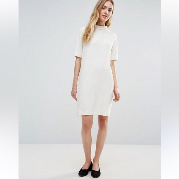Ganni Dresses & Skirts - GANNI | White Textured Viscose Mockneck Short Sleeve Dress | Women’s Size XS